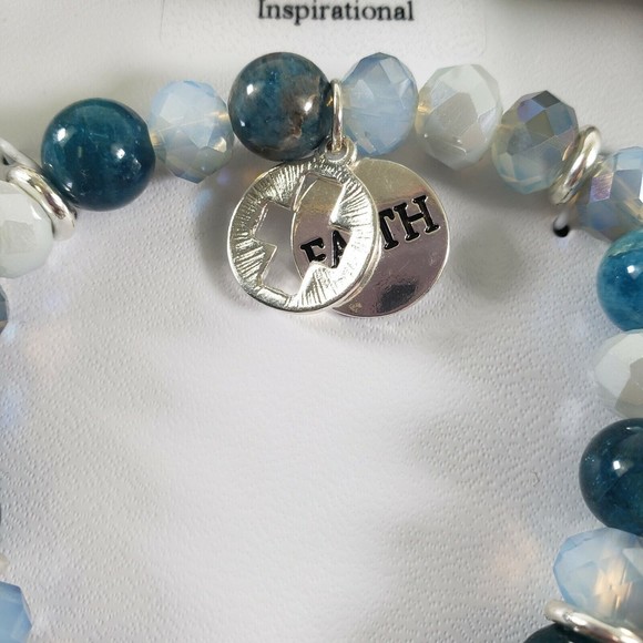 Genuine Stone BLUE STONE FAITH & CROSS HEART Charm Stretch Bracelet New in Box - Picture 6 of 9
